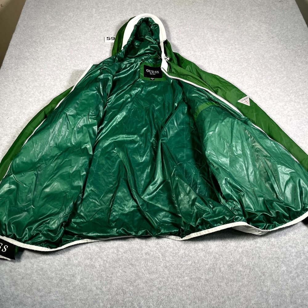 GUESS Windbreaker Jacket Womens XL Green White Colorblock Hooded Waterproof - Picture 5 of 6